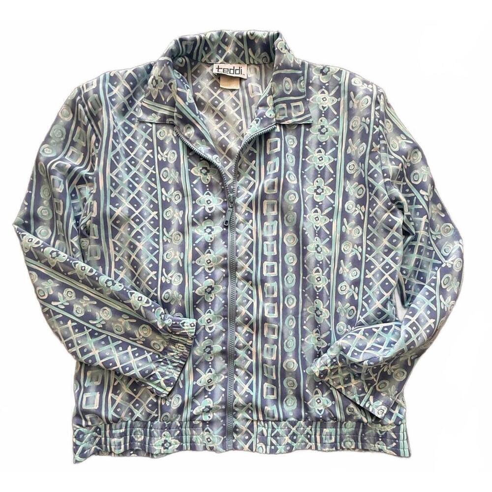 Vintage Teddi Geometric Print Button-Up Shirt Blue Green (Women’s L/XL)
